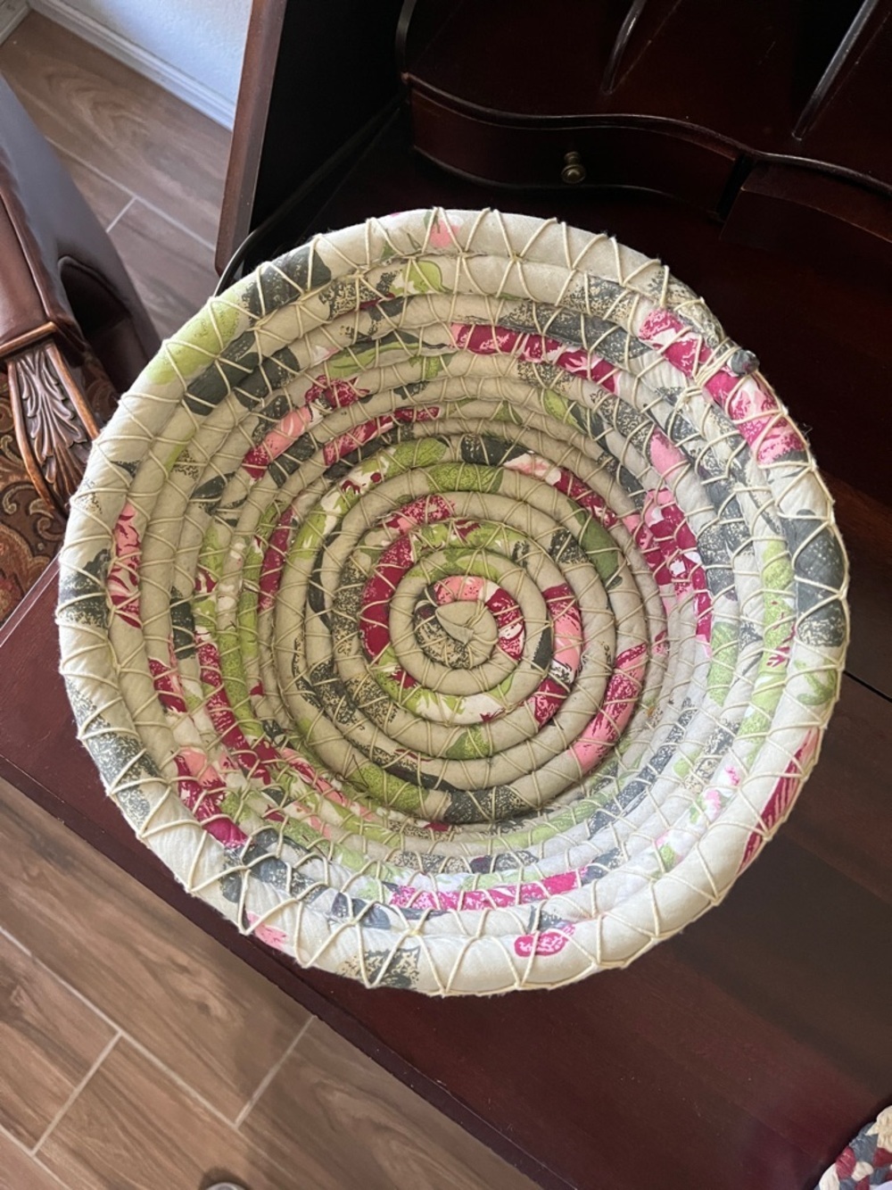 Handcrafted Fabric Coil Bowl in Pink and Green - Picture 5 of 9